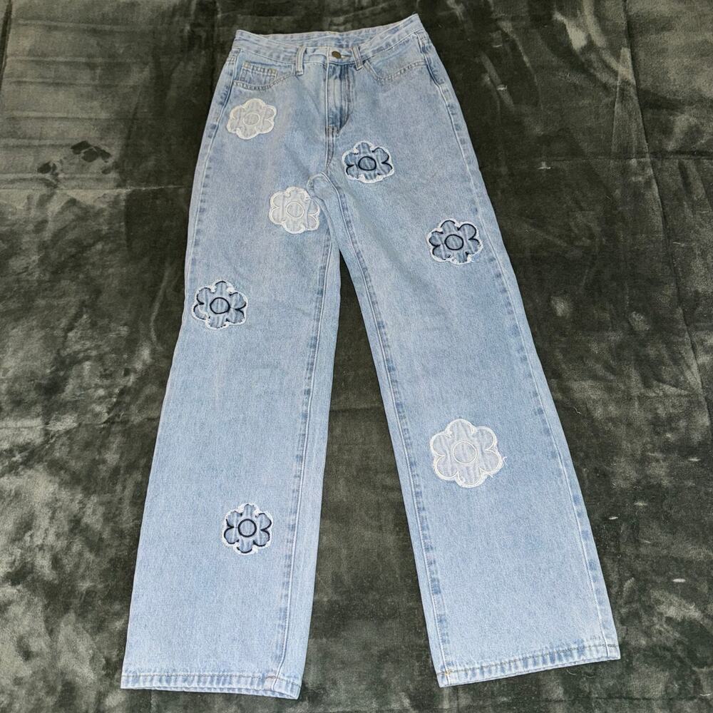 SHEIN High Waisted Floral Embroidered Light Wash Jeans Straight Leg Size XS